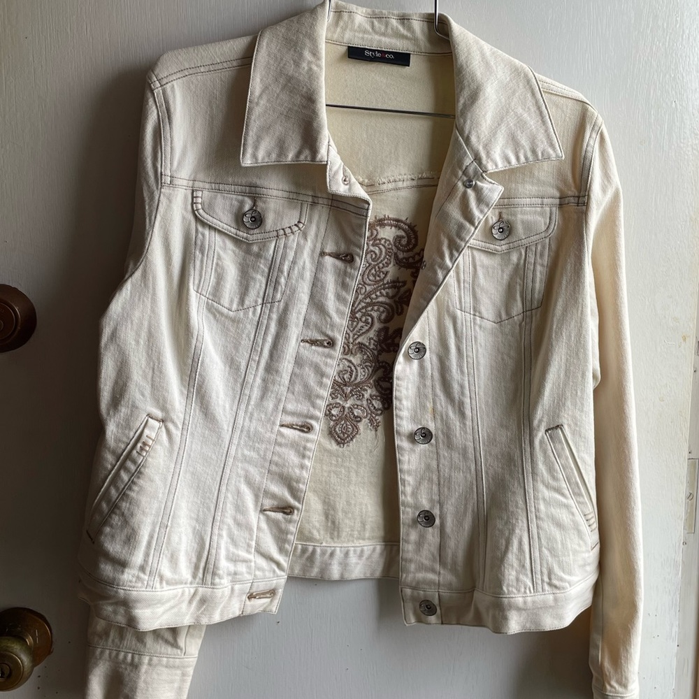 Style&Co. Cream Denim Jacket with Embroidered Back Design